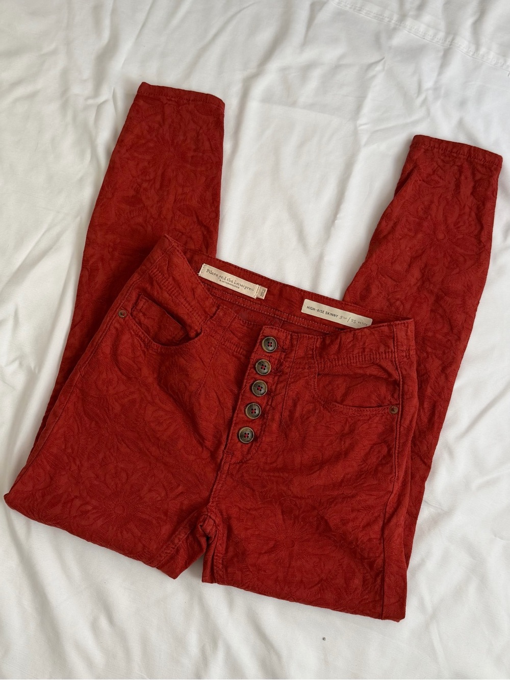 Pilcro and the Letterpress High-Rise Red Skinny Jeans with Button Front